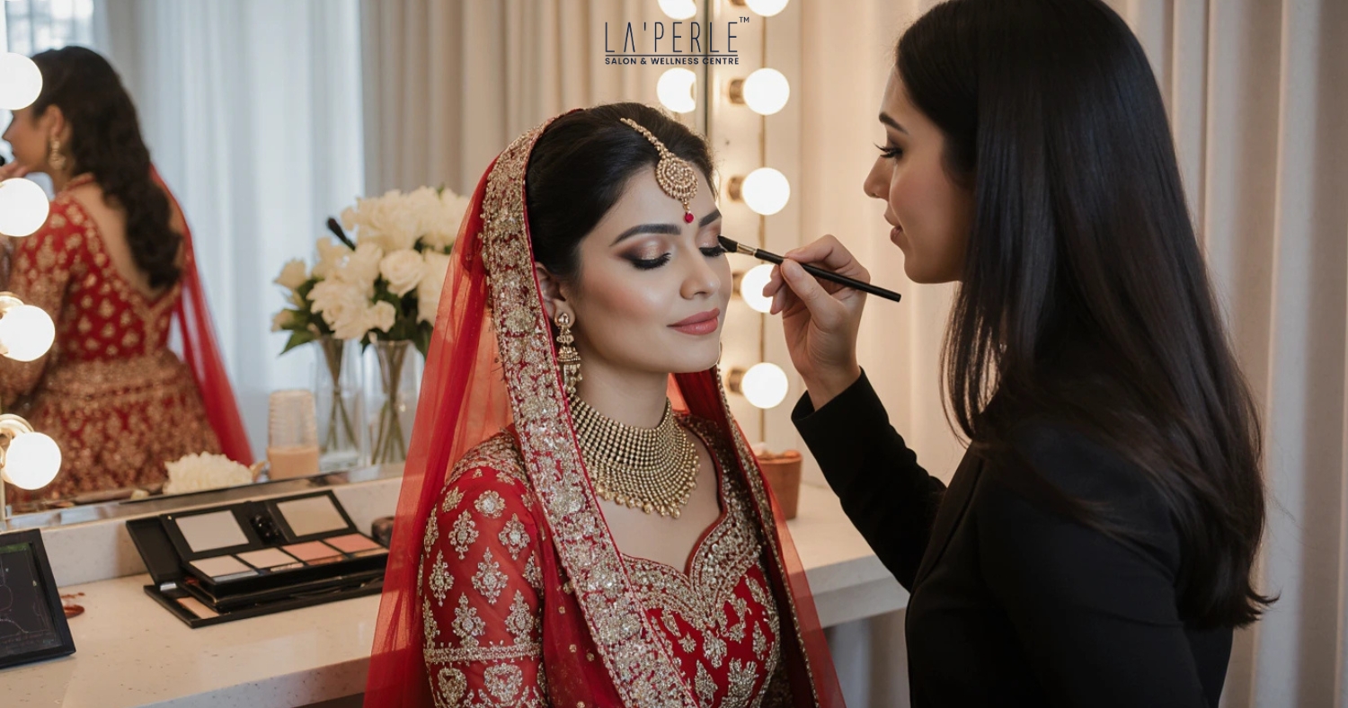 Indian bride with flawless bridal makeup, soft eye makeup, bold lips, and traditional jewelry.