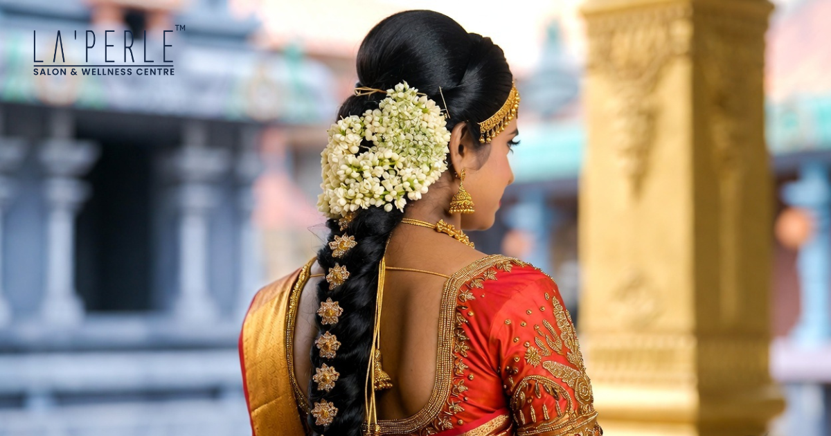 Stunning South Indian bridal hairstyle and makeup for wedding ceremony