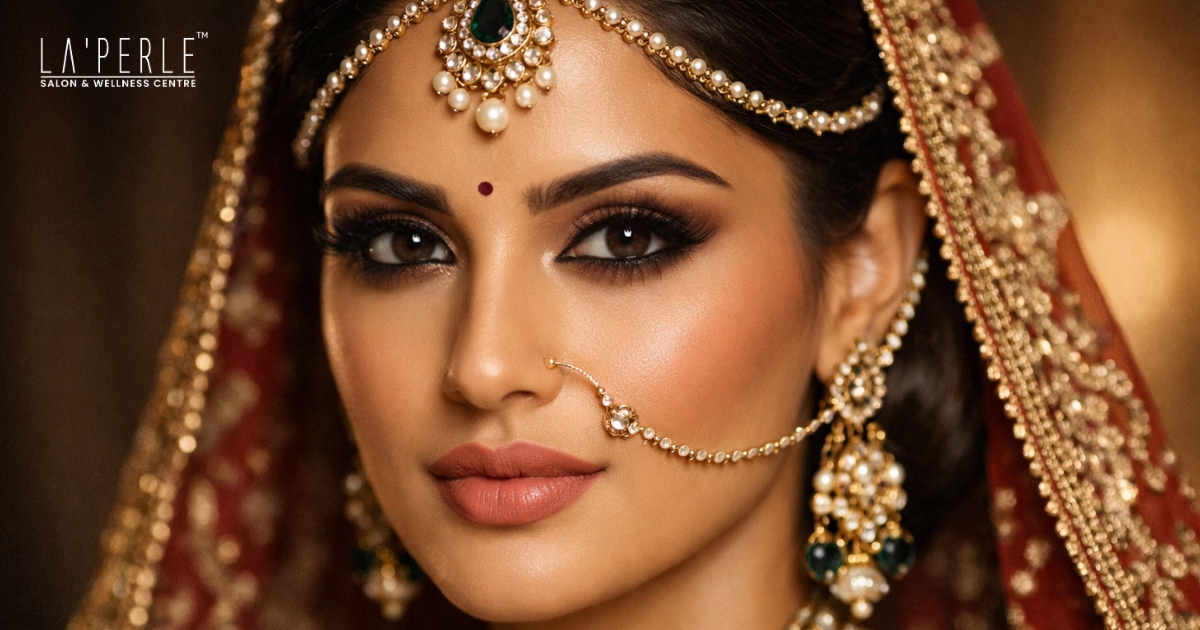Indian bride showcasing flawless HD bridal makeup with smooth matte finish, defined eyes, and natural contouring under studio lighting.