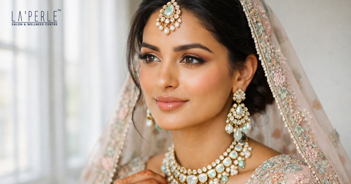 HD bridal makeup on an Indian bride designed for wedding photography, even skin tone, sculpted features, and camera-ready finish.