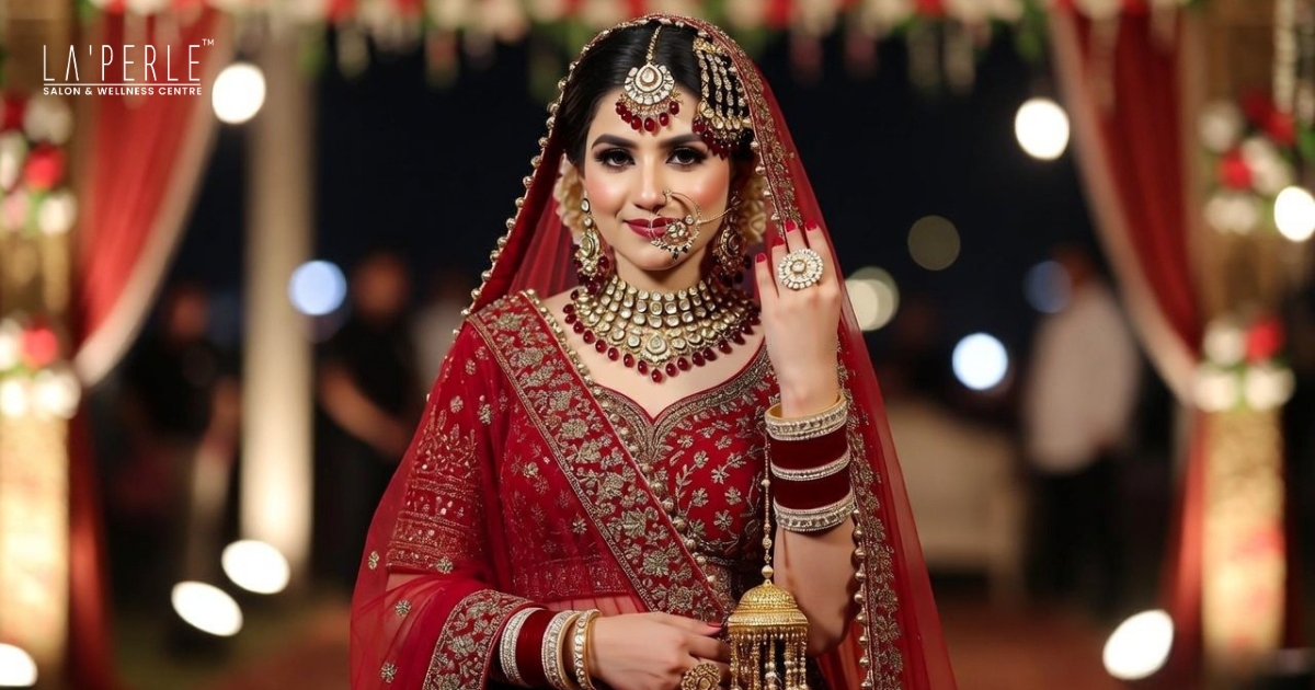 Punjabi bride wearing red lehenga with traditional bridal makeup in Delhi wedding