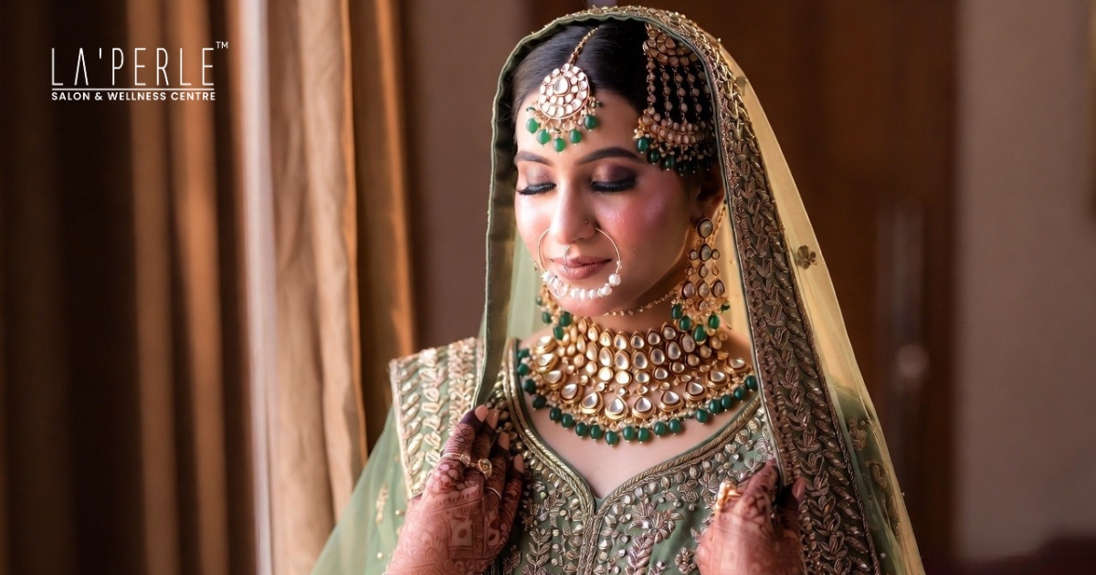 Muslim bride with green sharara and elegant bridal makeup look