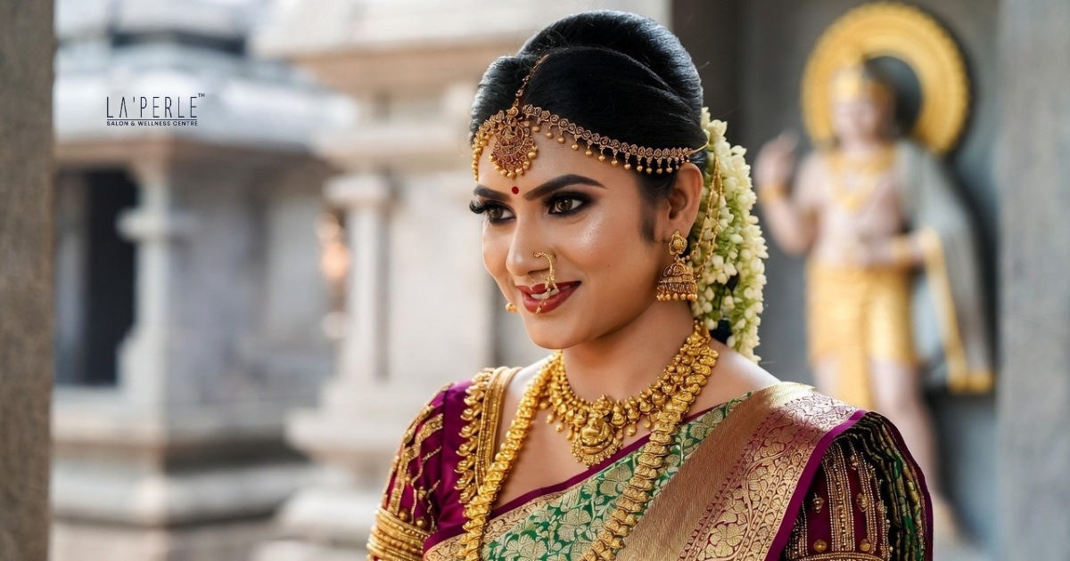 South Indian bridal makeup with Kanjeevaram saree and gold jewelry